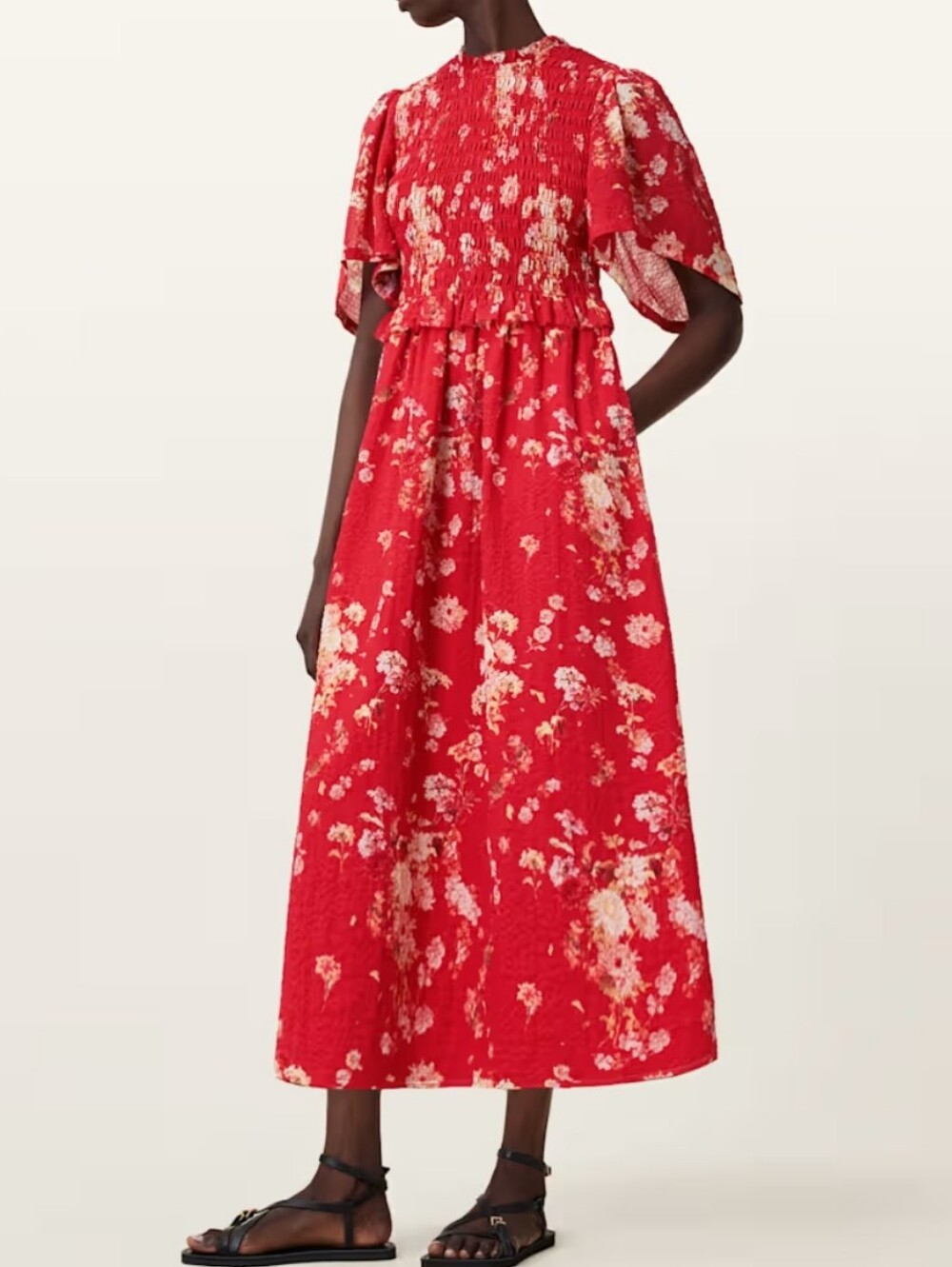 All Saints Mya Floral Print Shirred Midi Dress Red Size 12